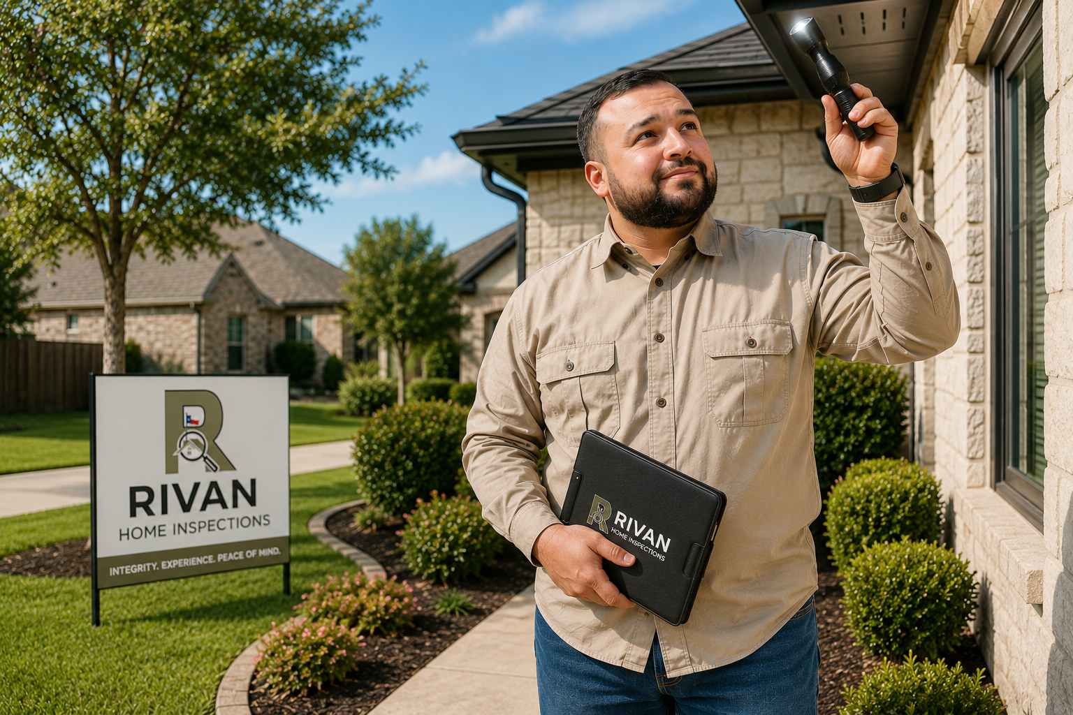 Ivan Rivera with Rivan Home Inspections branding outside a home